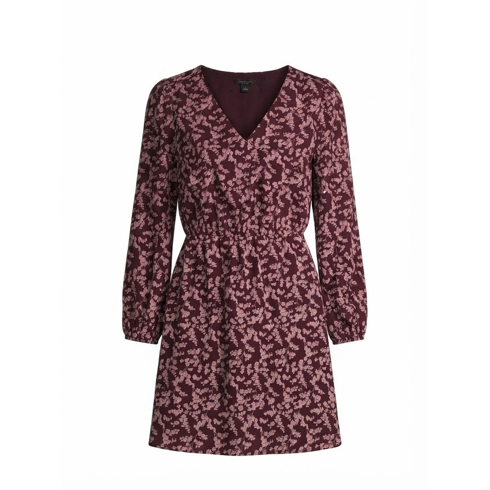 Ann Taylor Factory Dress Women L Burgundy Floral Long Sleeve V-Neck Excellent